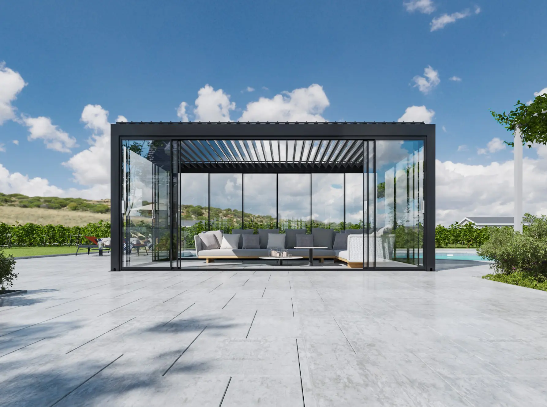 Custom aluminum louvered pergola over a patio lounge
