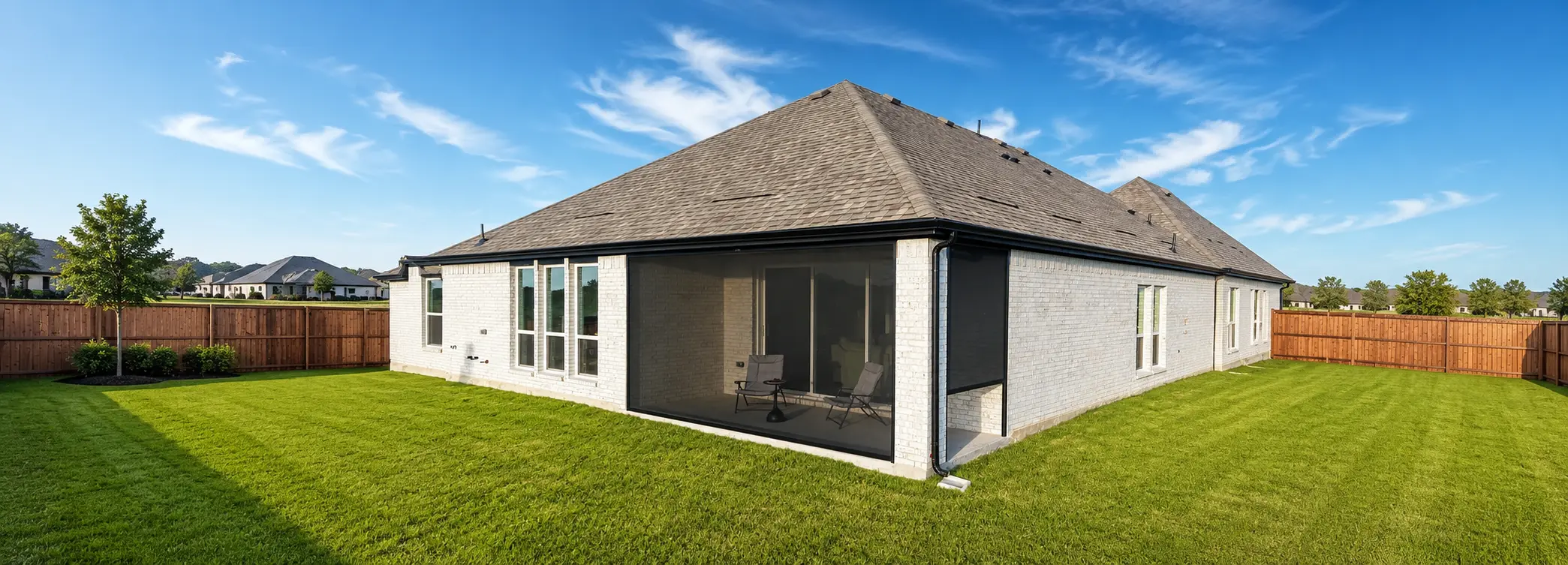 Motorized patio screens on a covered patio