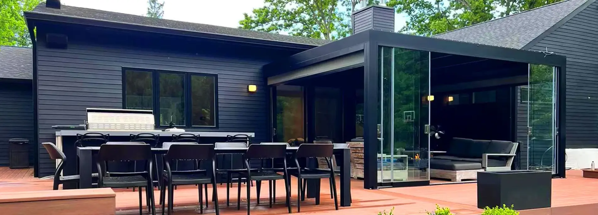 Custom aluminum louvered pergola over a patio lounge