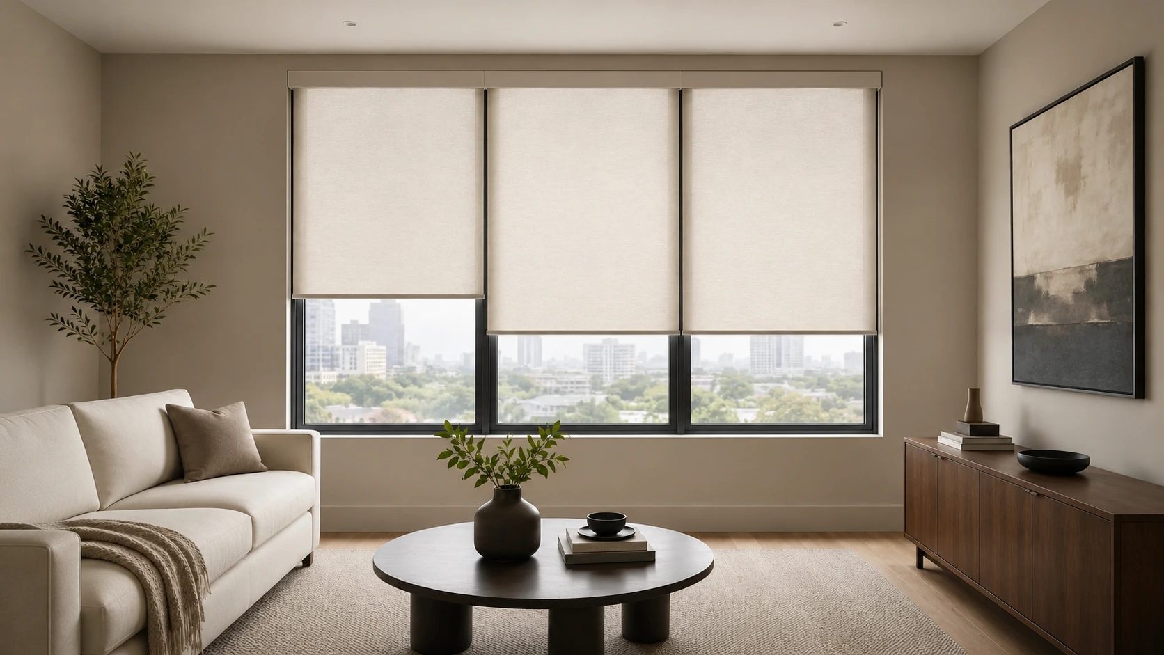 Minimal roller shades in a modern interior