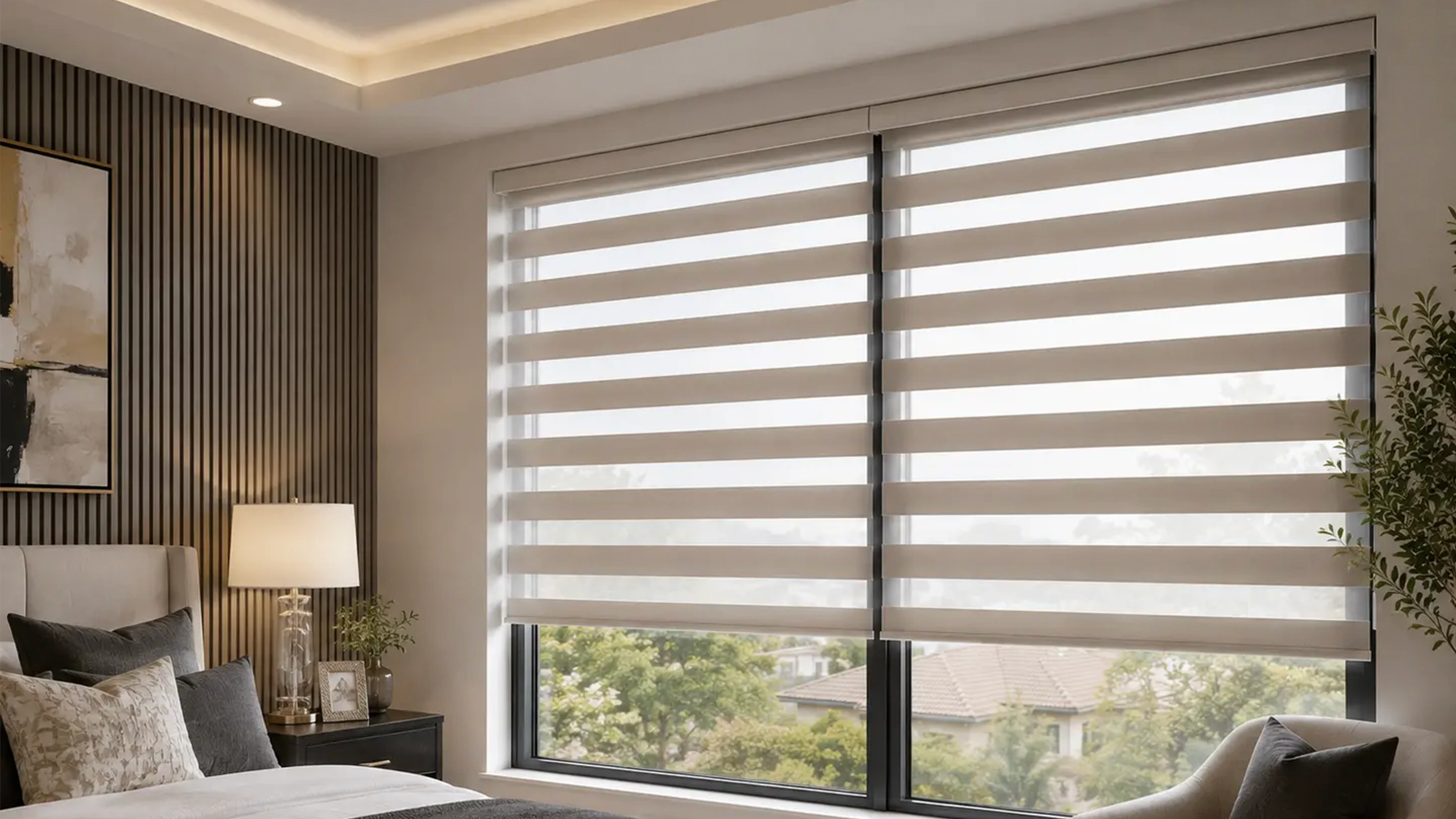 Zebra shades with alternating sheer and solid bands